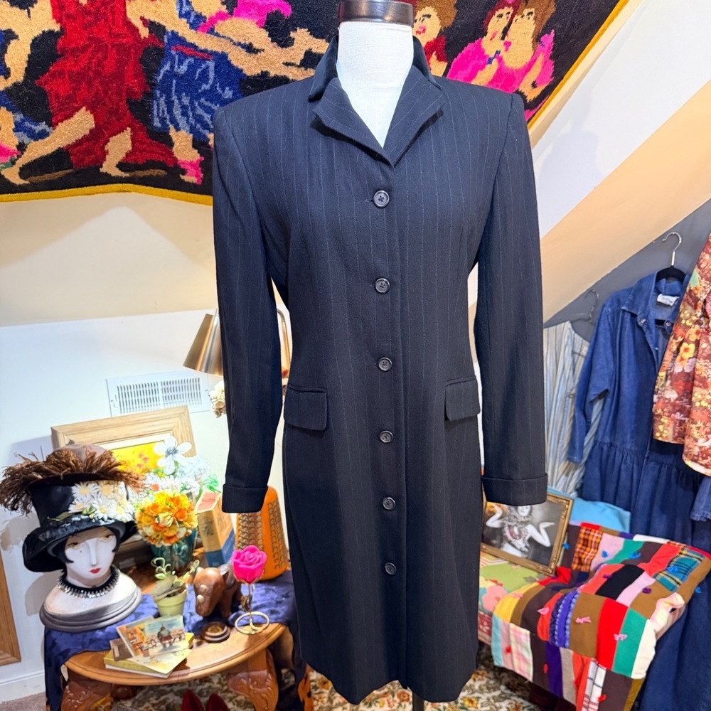 Ralph Lauren Vintage Pinstripe Worsted Wool Button Front Tuxedo Coat Dress Black - Picture 2 of 11
